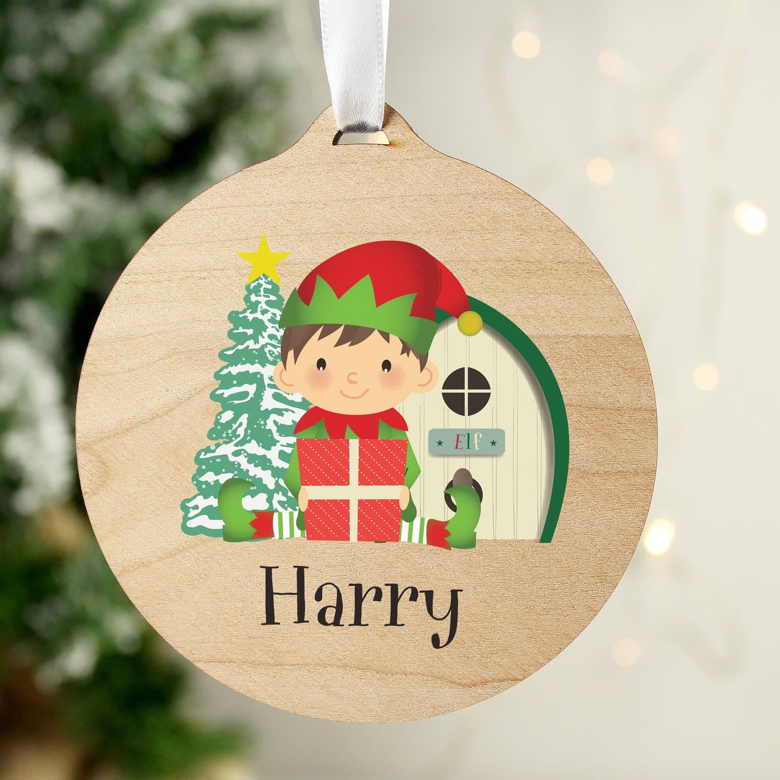 Round wooden elf Christmas decoration with ribbon and a personalised name