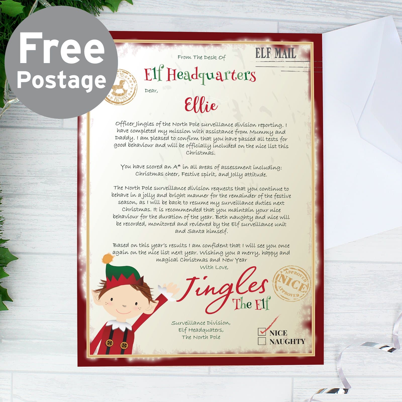 Personalised elf surveillance Christmas letter with a brown outer envelope