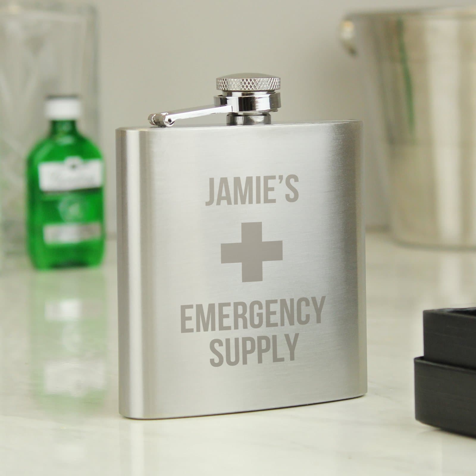 Stainless steel Emergency Supply hip flask engraved with a name