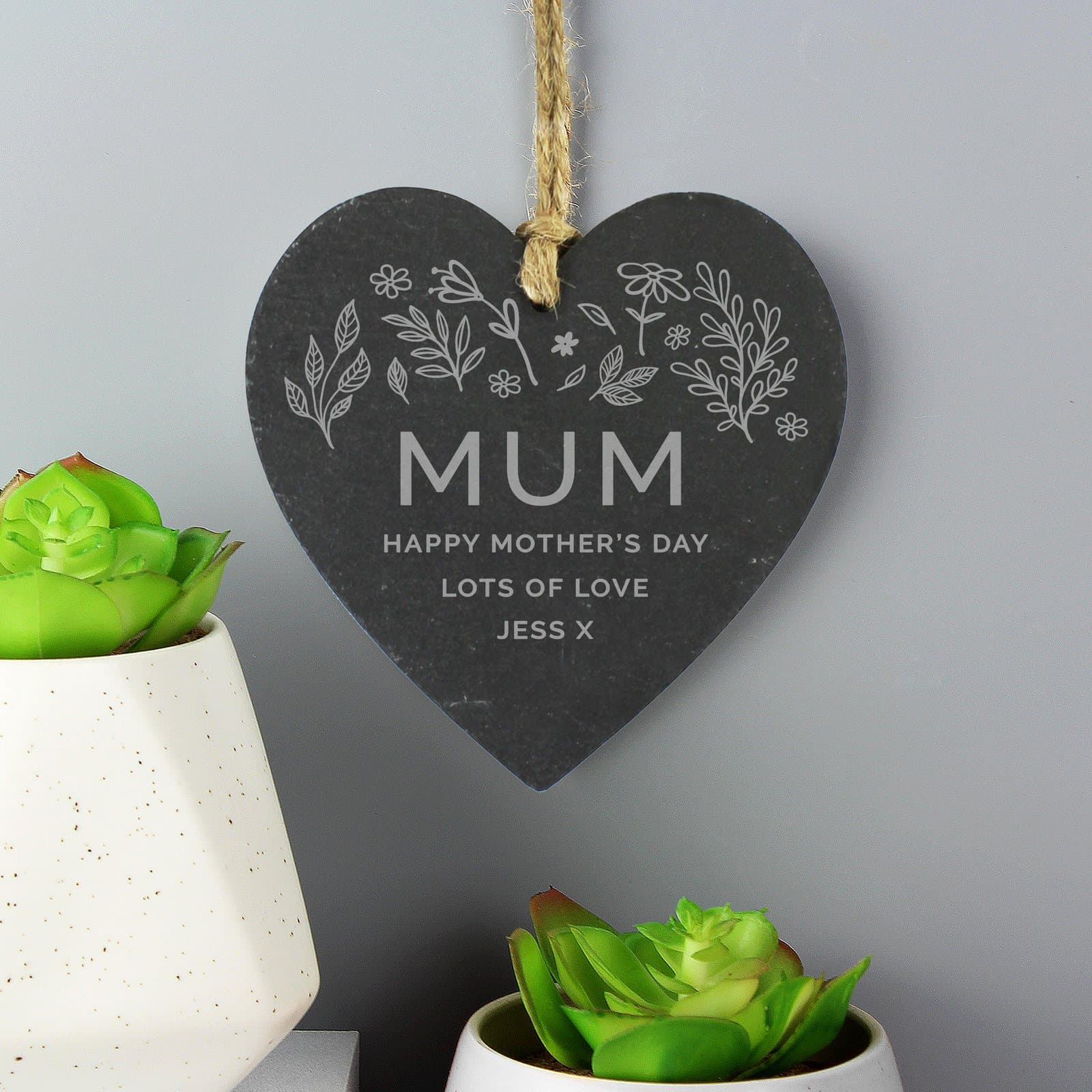Personalised engraved botanical slate heart decoration with four lines of text