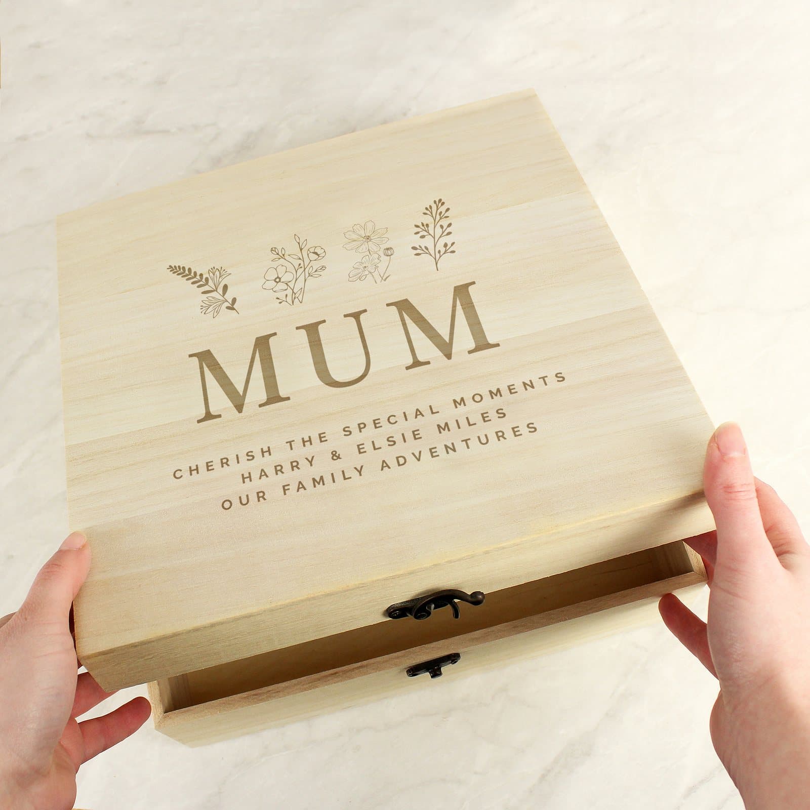 Floral wooden keepsake box with metal clasp and hinges