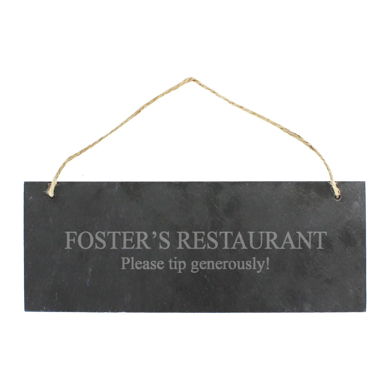 Personalised engraved hanging slate plaque on natural rustic string