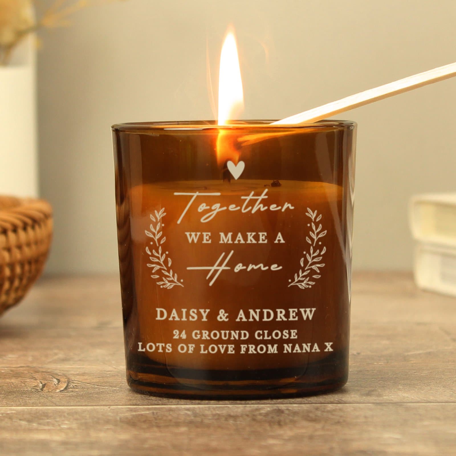 Amber glass home candle jar with label and a personalised three line message