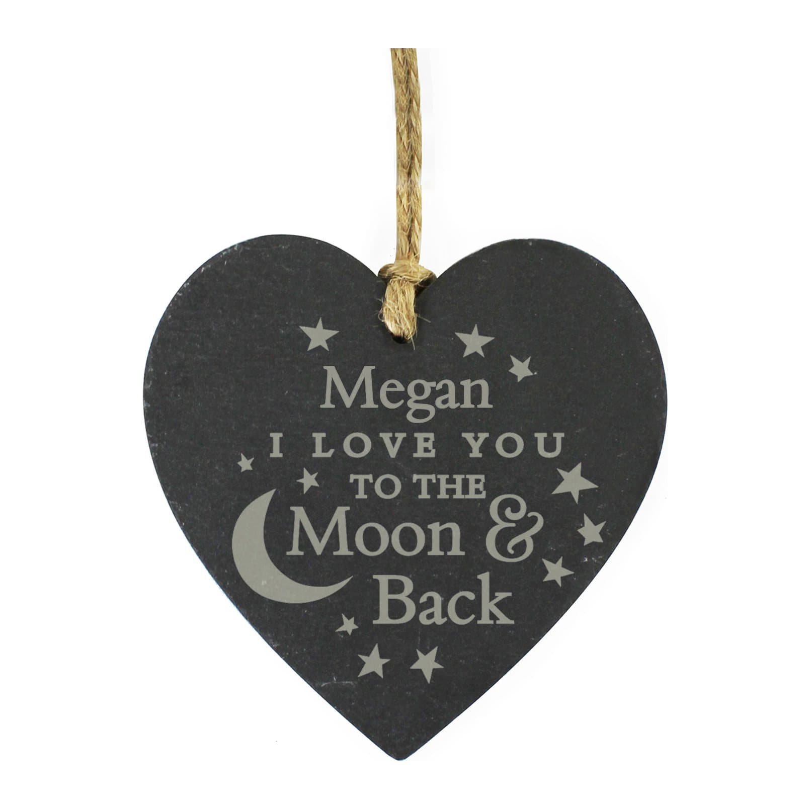 Personalised engraved moon and back slate heart decoration on natural rustic string