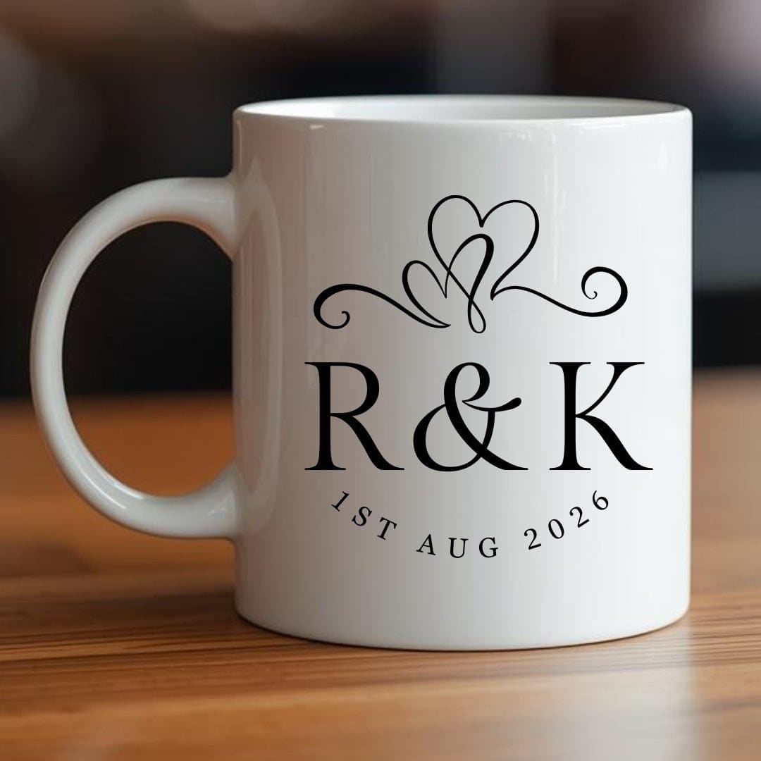 Personalised ceramic mug gift set with a hearts design
