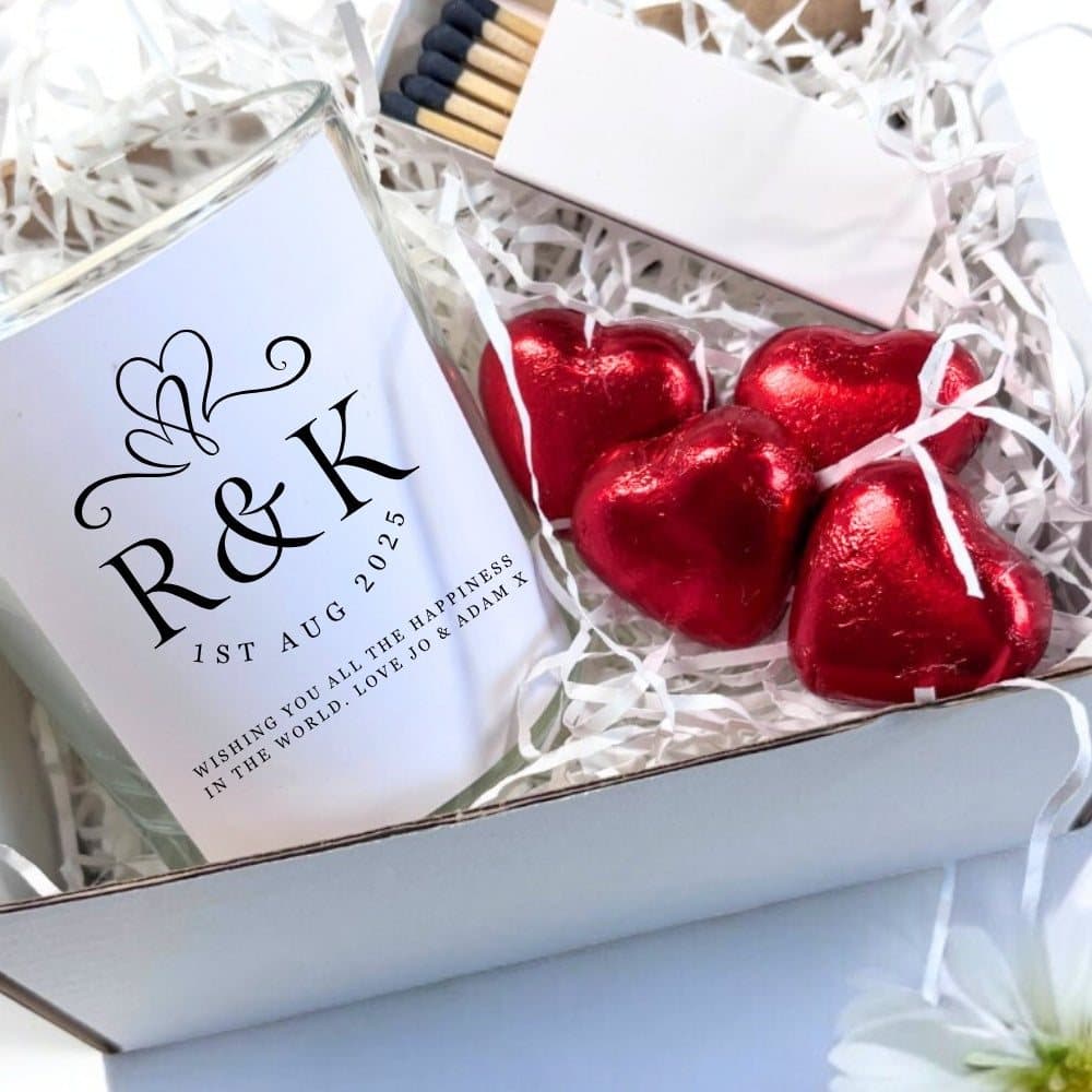 Personalised wedding candle with entwined hearts, chocolate hearts and matches