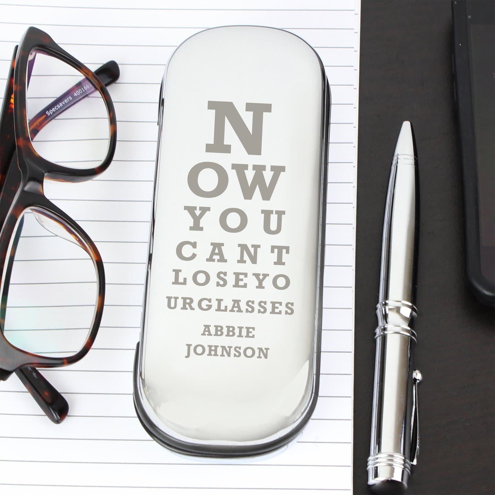 Eye exam design glasses case personalised with two lines of text