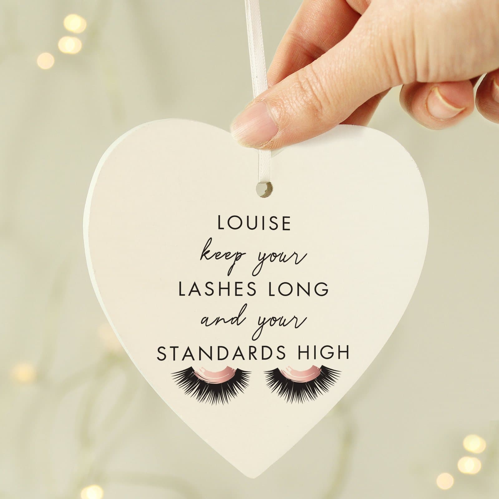 Personalised eyelash wooden heart decoration with ribbon and a lashes slogan