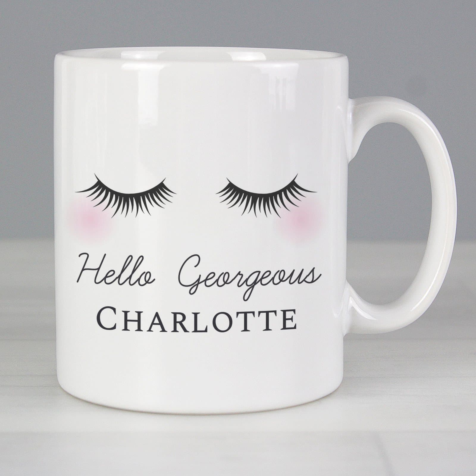 Ceramic eyelash mug personalised with a message and name