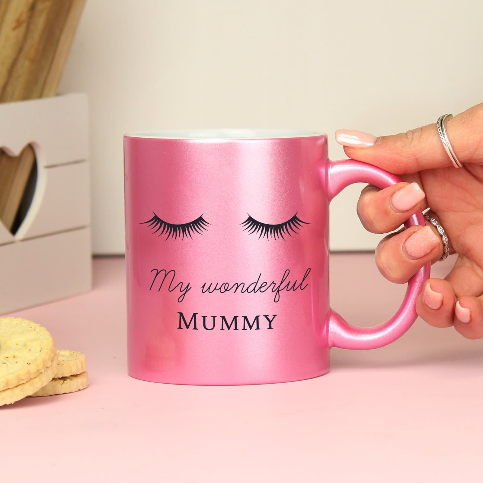 Pink glitter eyelash ceramic mug with personalised text