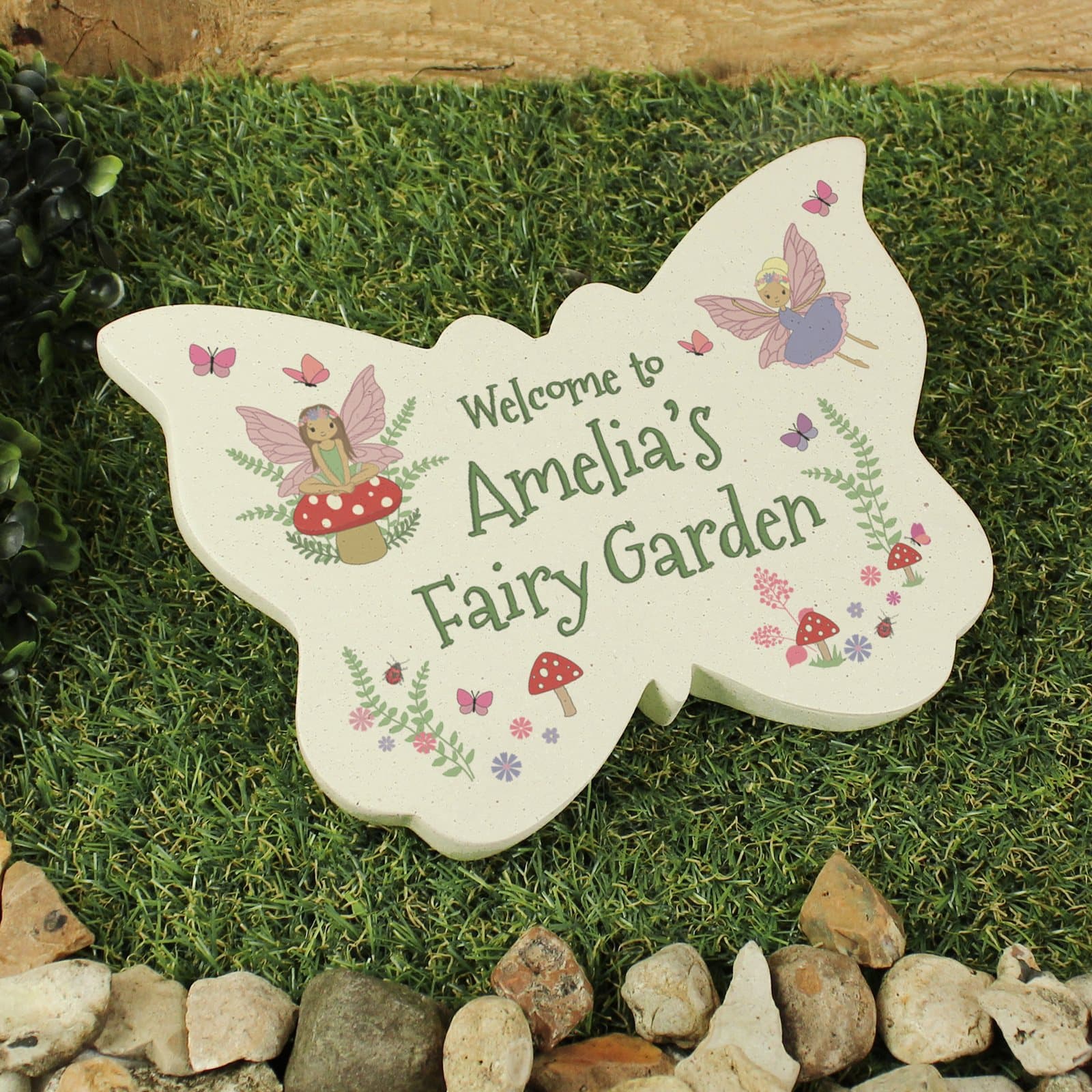 Resin fairy garden butterfly ornament personalised with a name