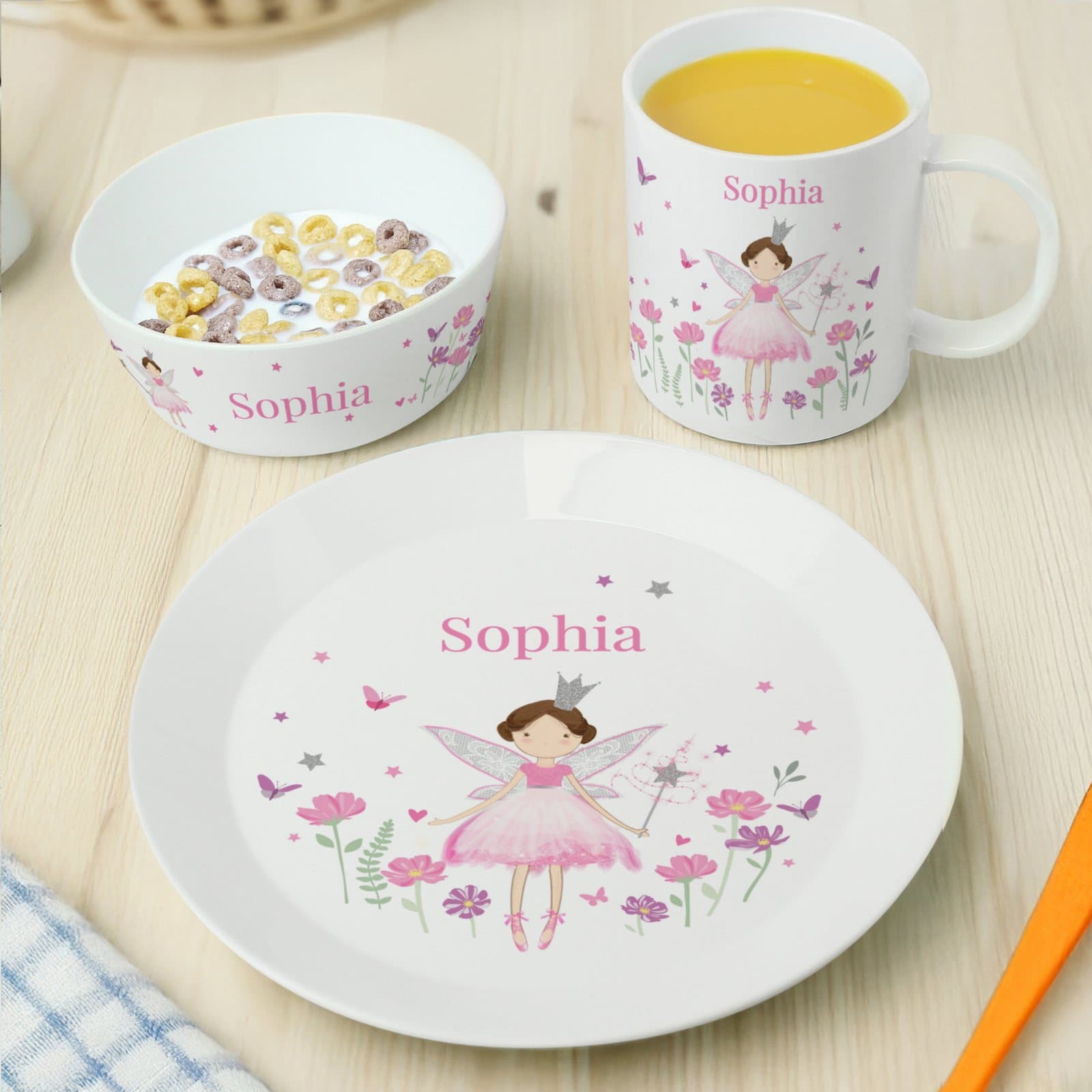 Fairy princess plate, bowl and mug breakfast set with a name