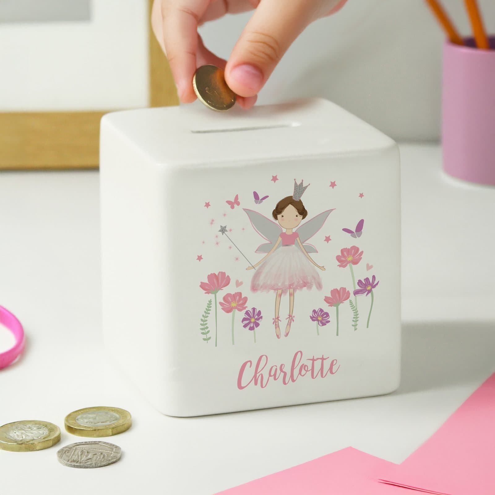 Ceramic fairy princess money box with a name