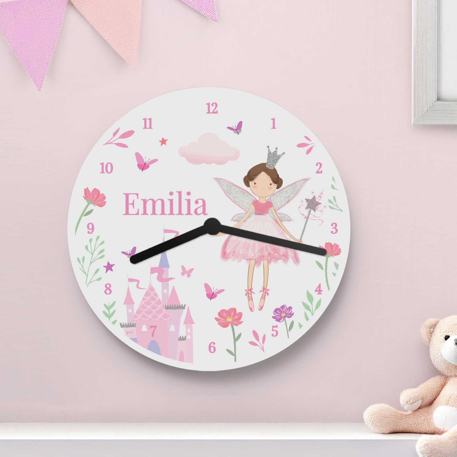 Personalised fairy princess wooden clock in pastel colours