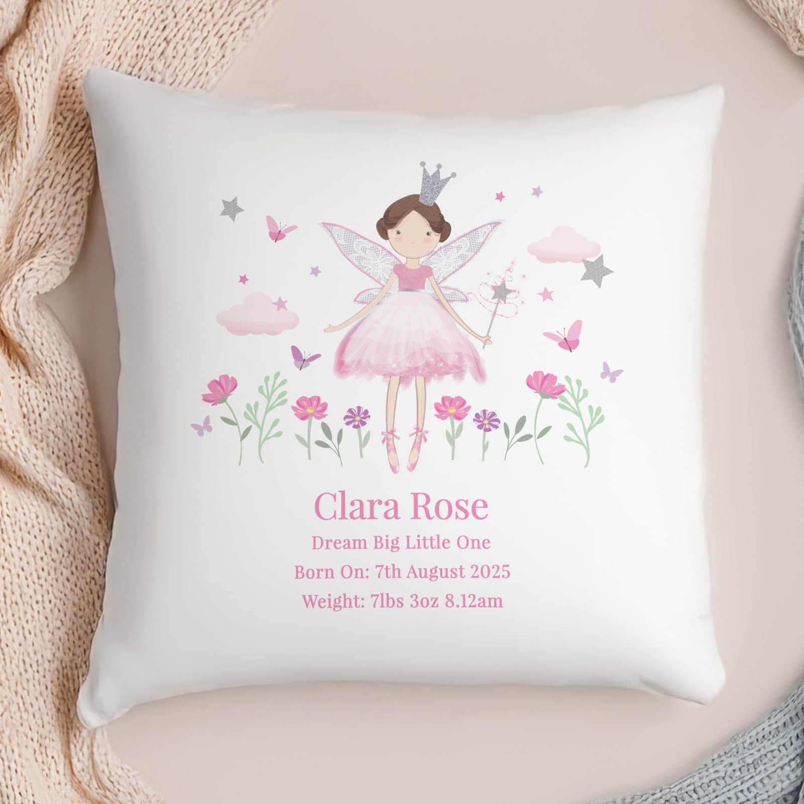 Personalised fairy princess cushion with name and message
