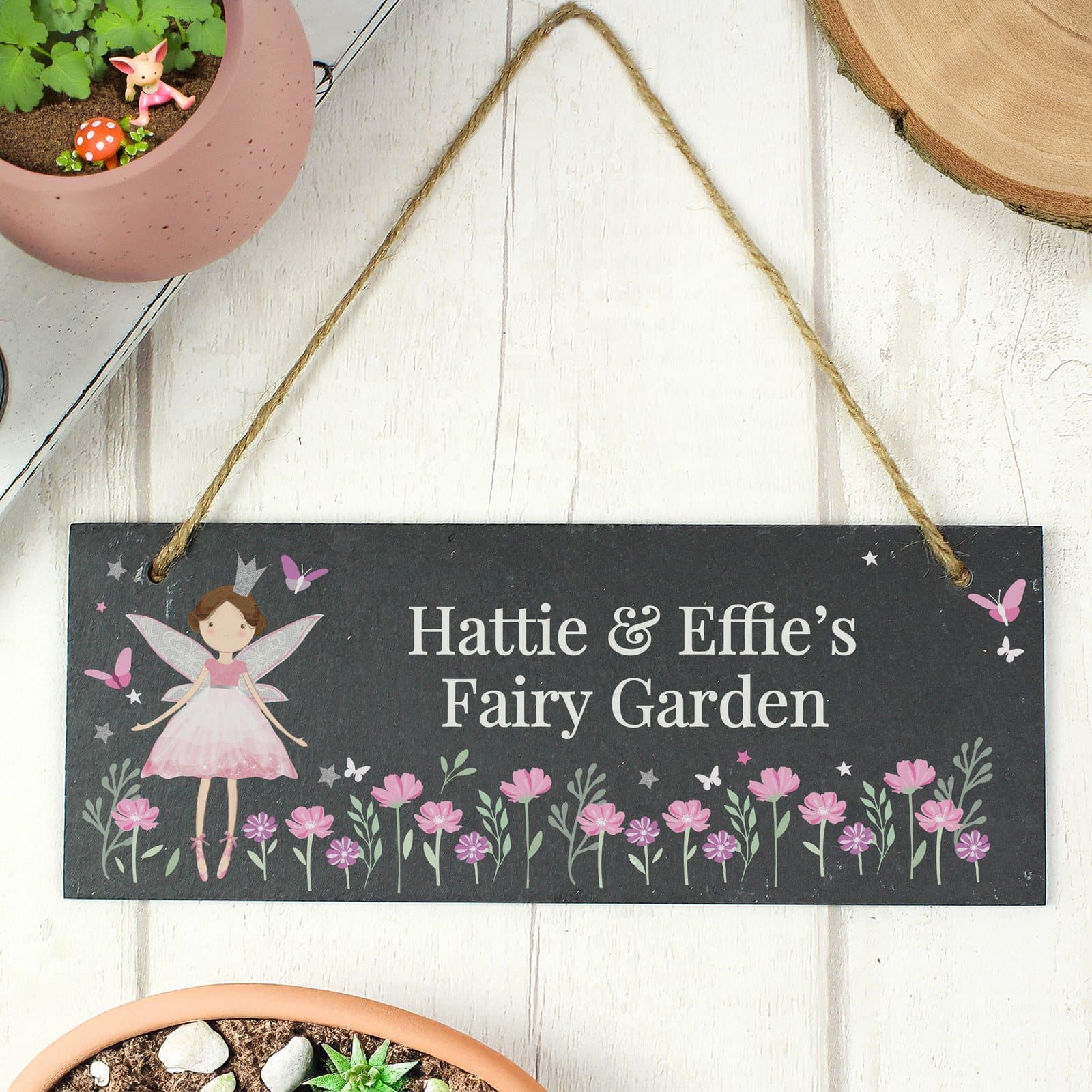 Hanging slate sign with natural string, personalised with two lines of text