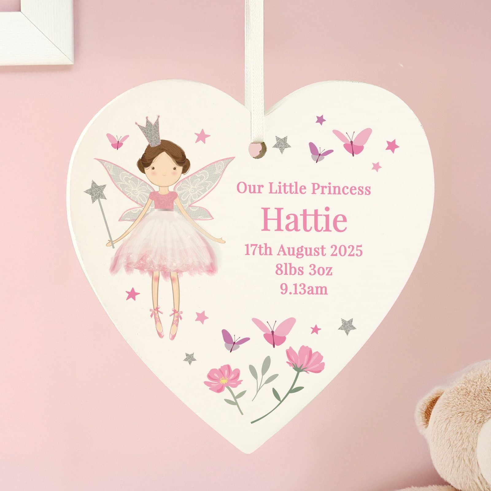 Personalised fairy princess hanging heart ornament in wood with ribbon