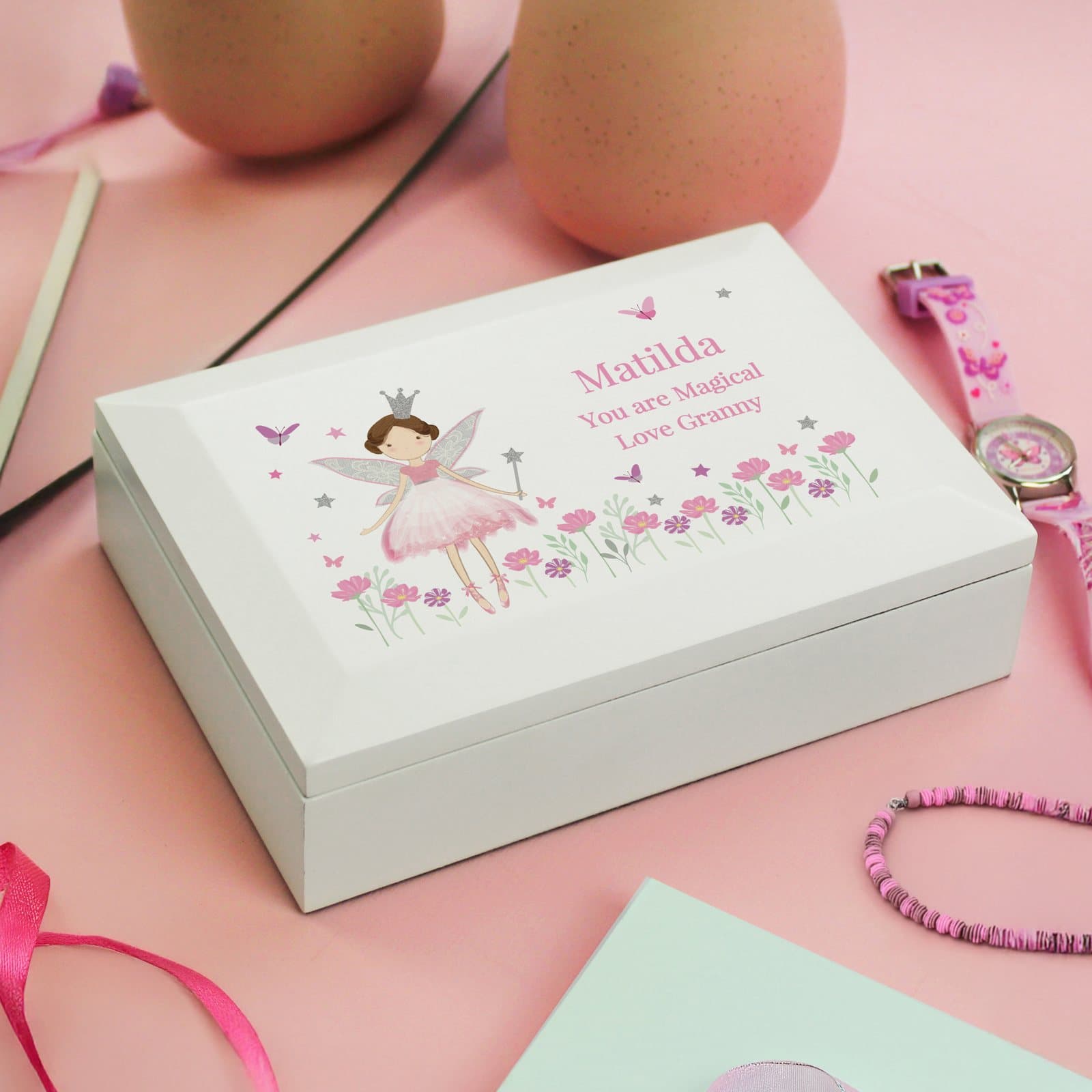 Wooden fairy princess jewellery box with personalised text