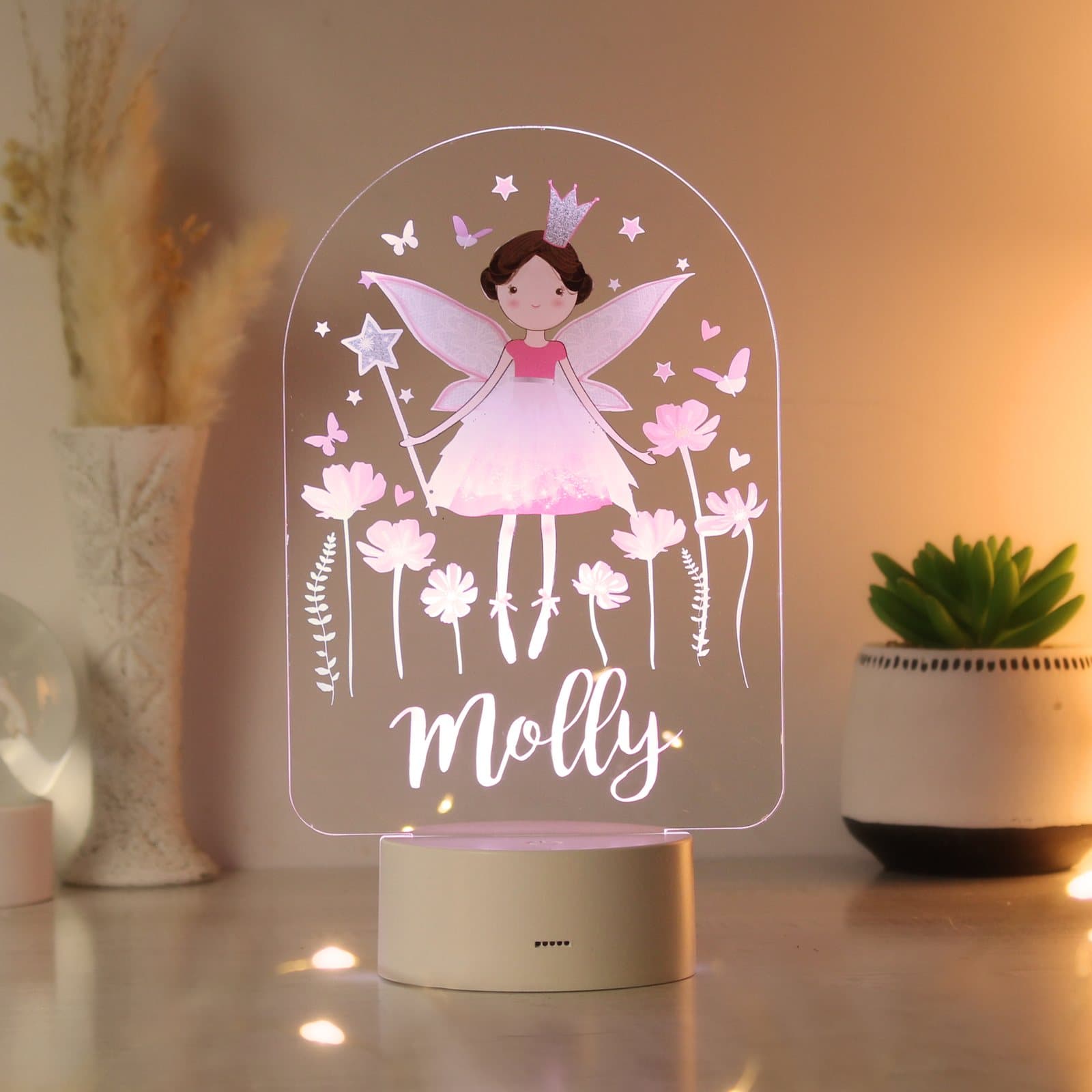 Personalised fairy princess LED colour changing light on a base