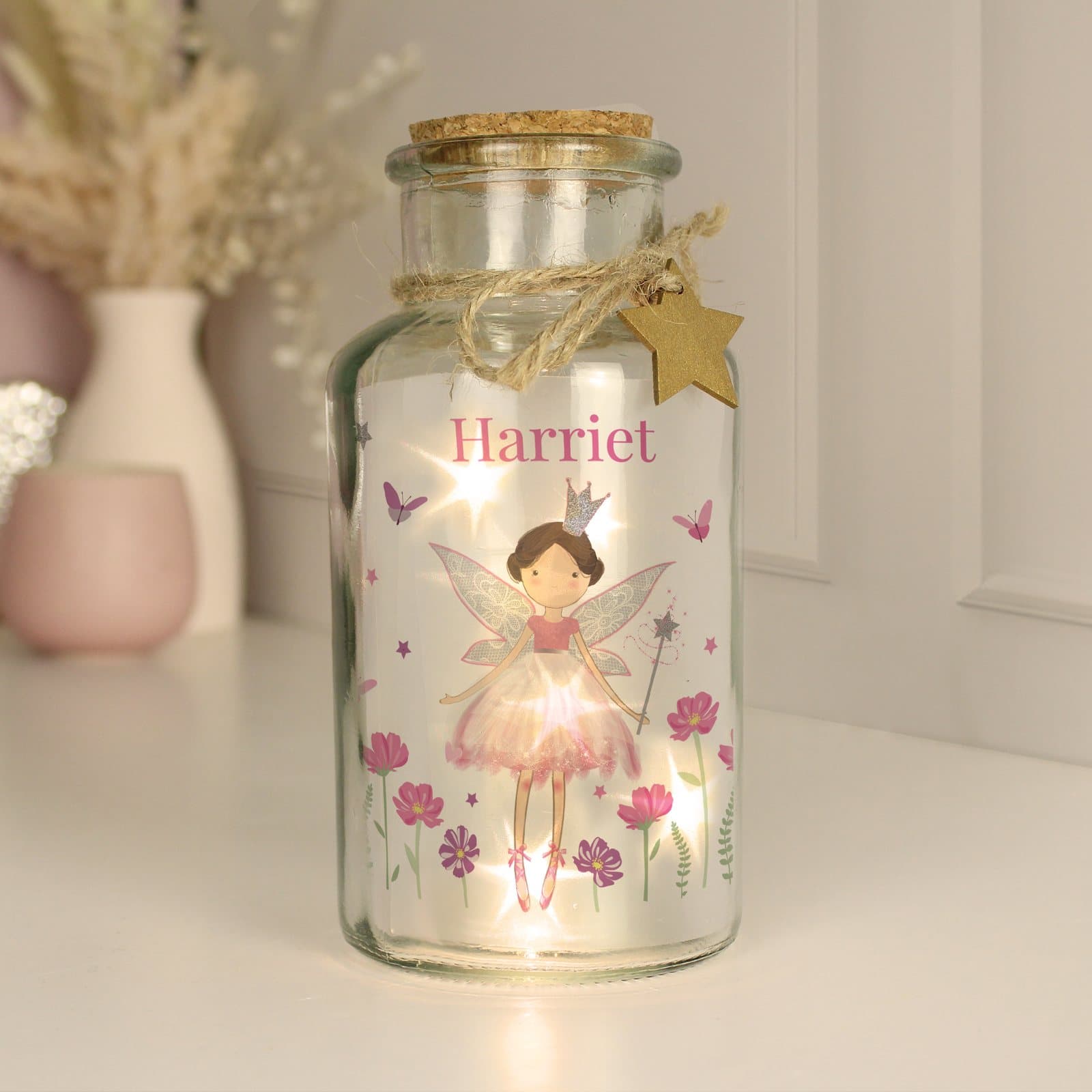 Glass LED jar in a fairy princess design with a personalised name