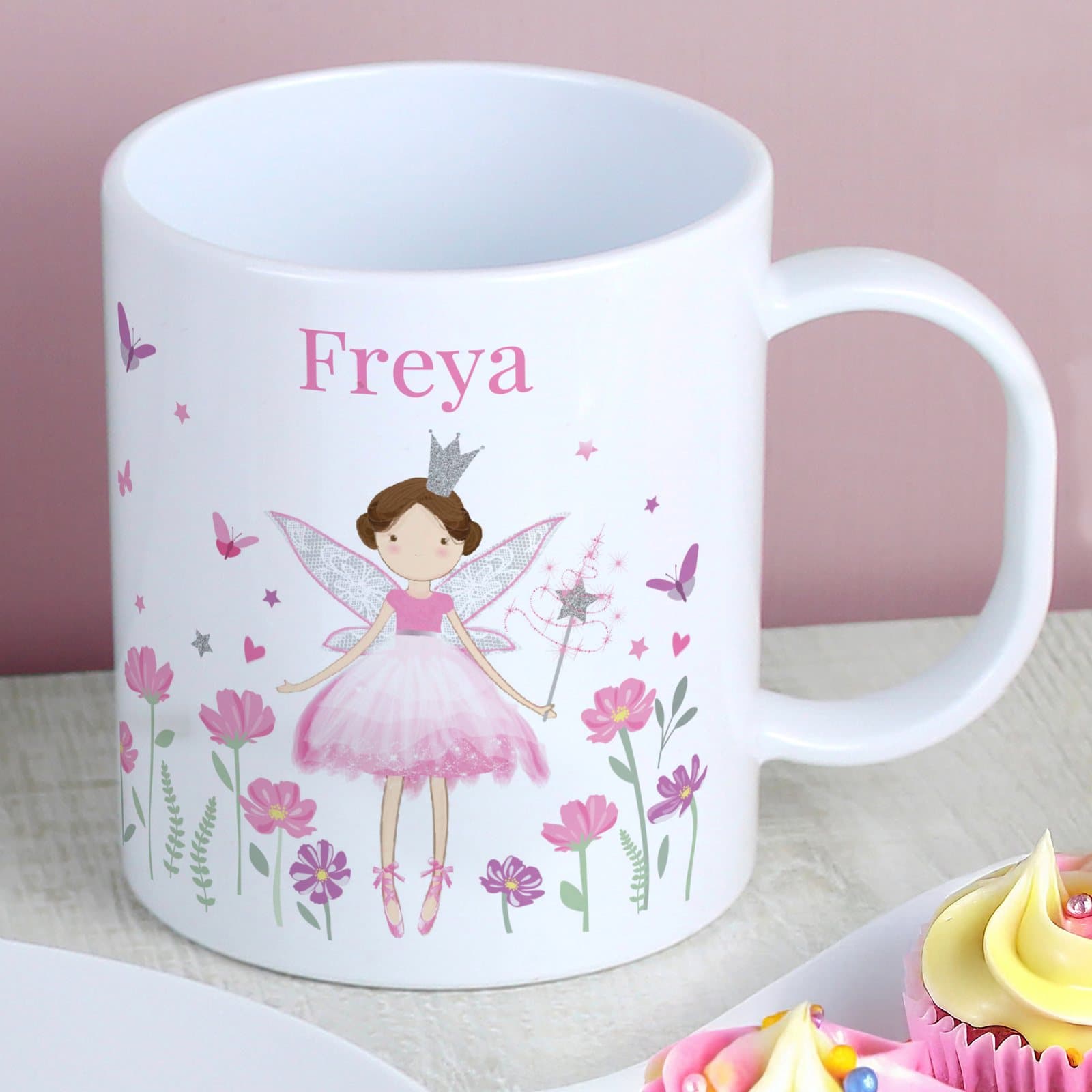 Personalised fairy princess plastic mug with a fairy design and a name