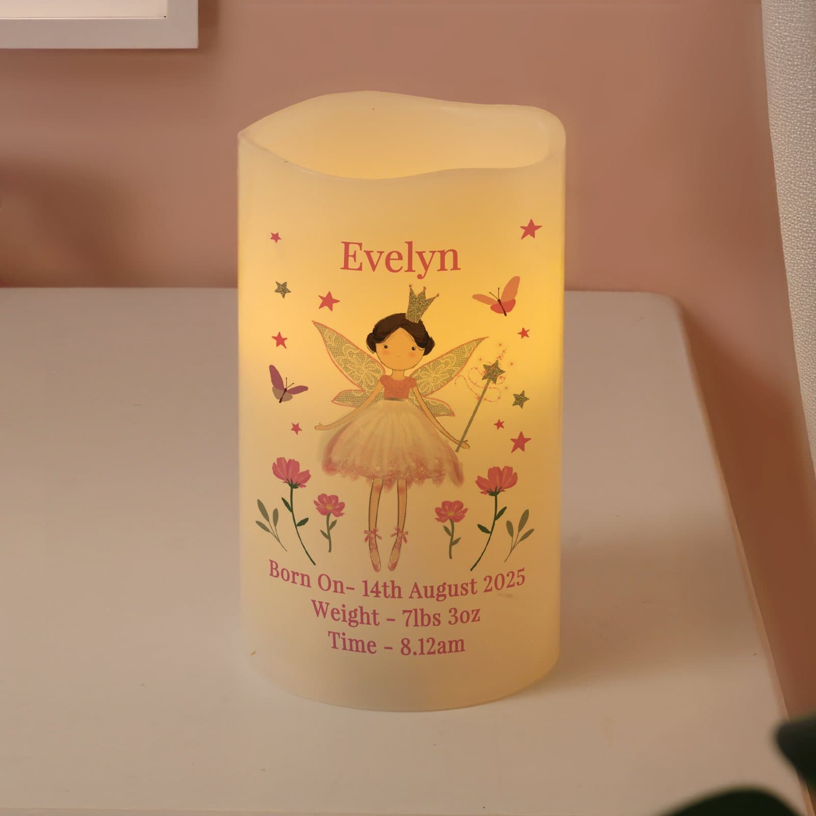 Fairy princess LED night light candle personalised with a name and message