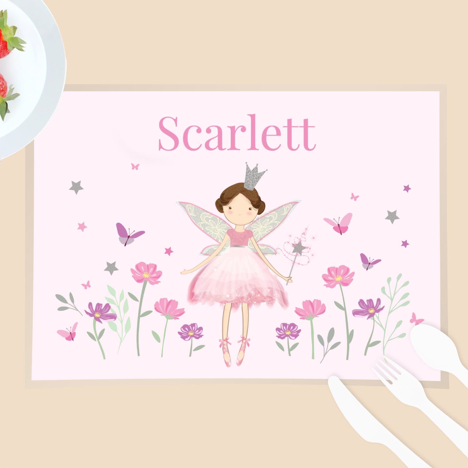 Laminated fairy princess placemat with a child's name printed on it