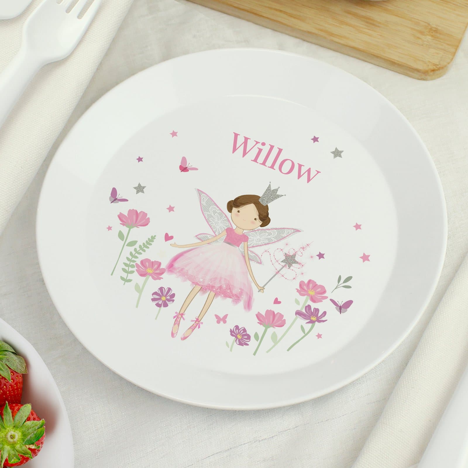 Personalised fairy princess plastic plate with a fairy design and a name