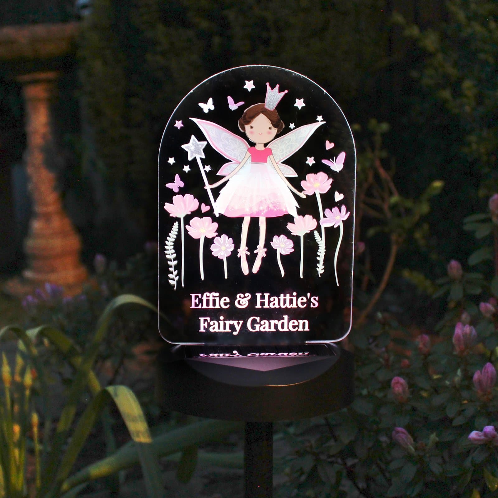 Fairy princess solar LED sign on a ground stick with solar panel base