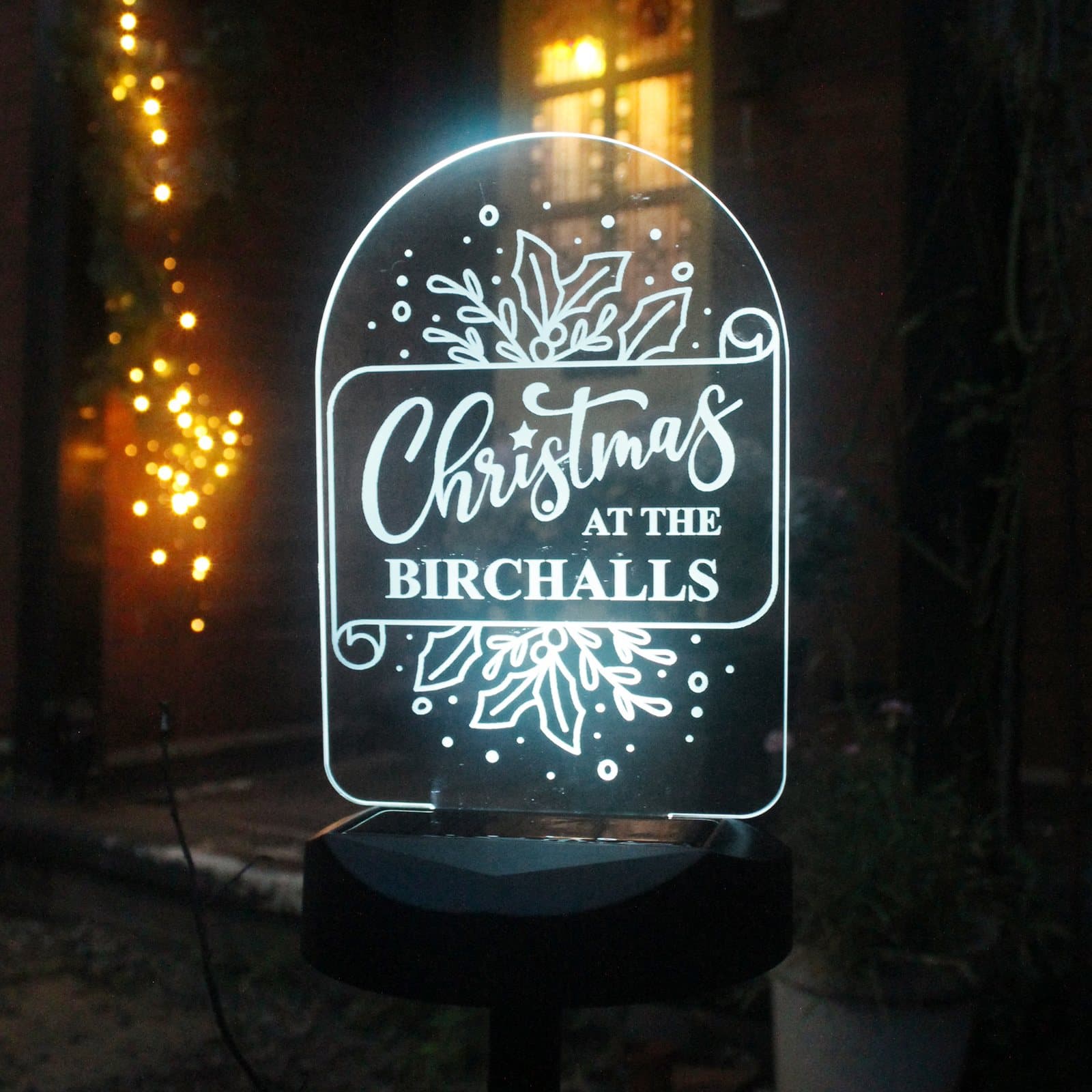LED solar Christmas light sign reading Christmas at the with a personalised line