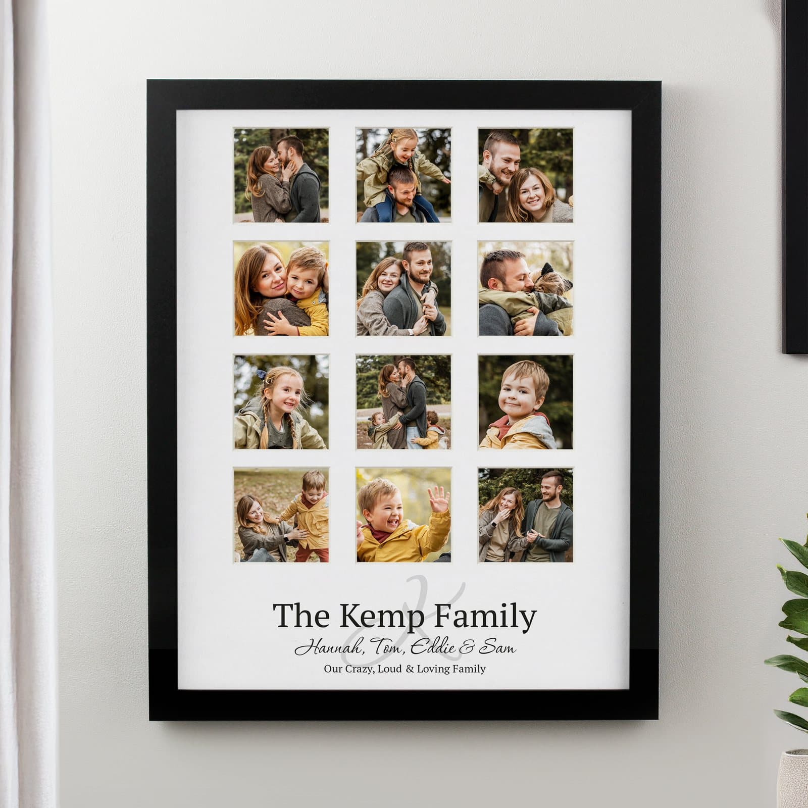 Multi photo frame with a collage of twelve photos and personalised text