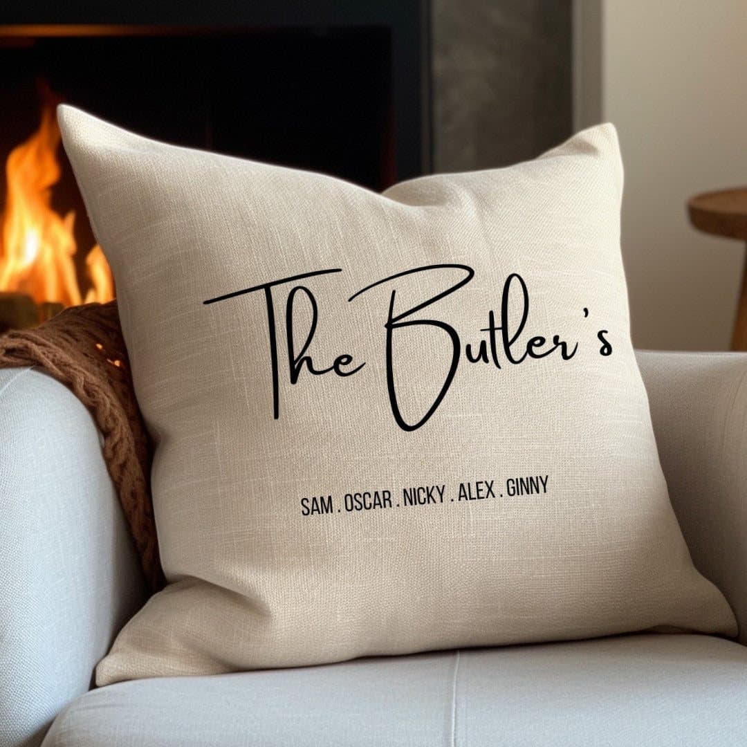 Square cream linen-look cushion personalised with family names