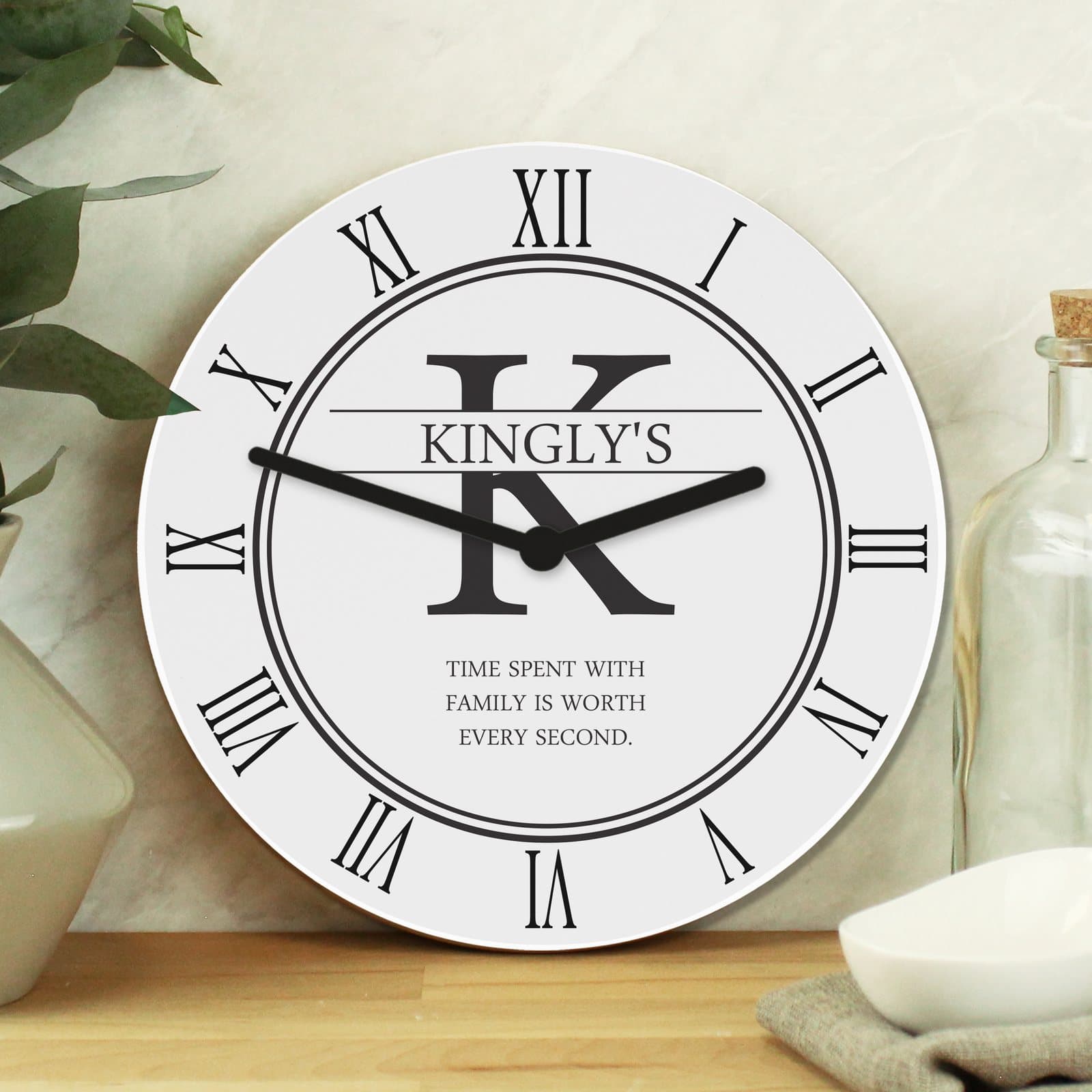 Square white wood family name clock with initial and surname
