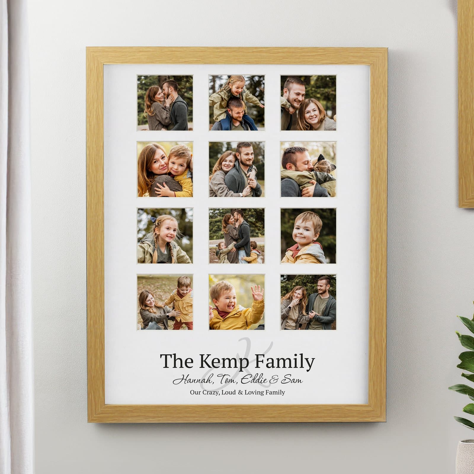 Oak multi photo frame holding a collage of twelve photos with personalised text