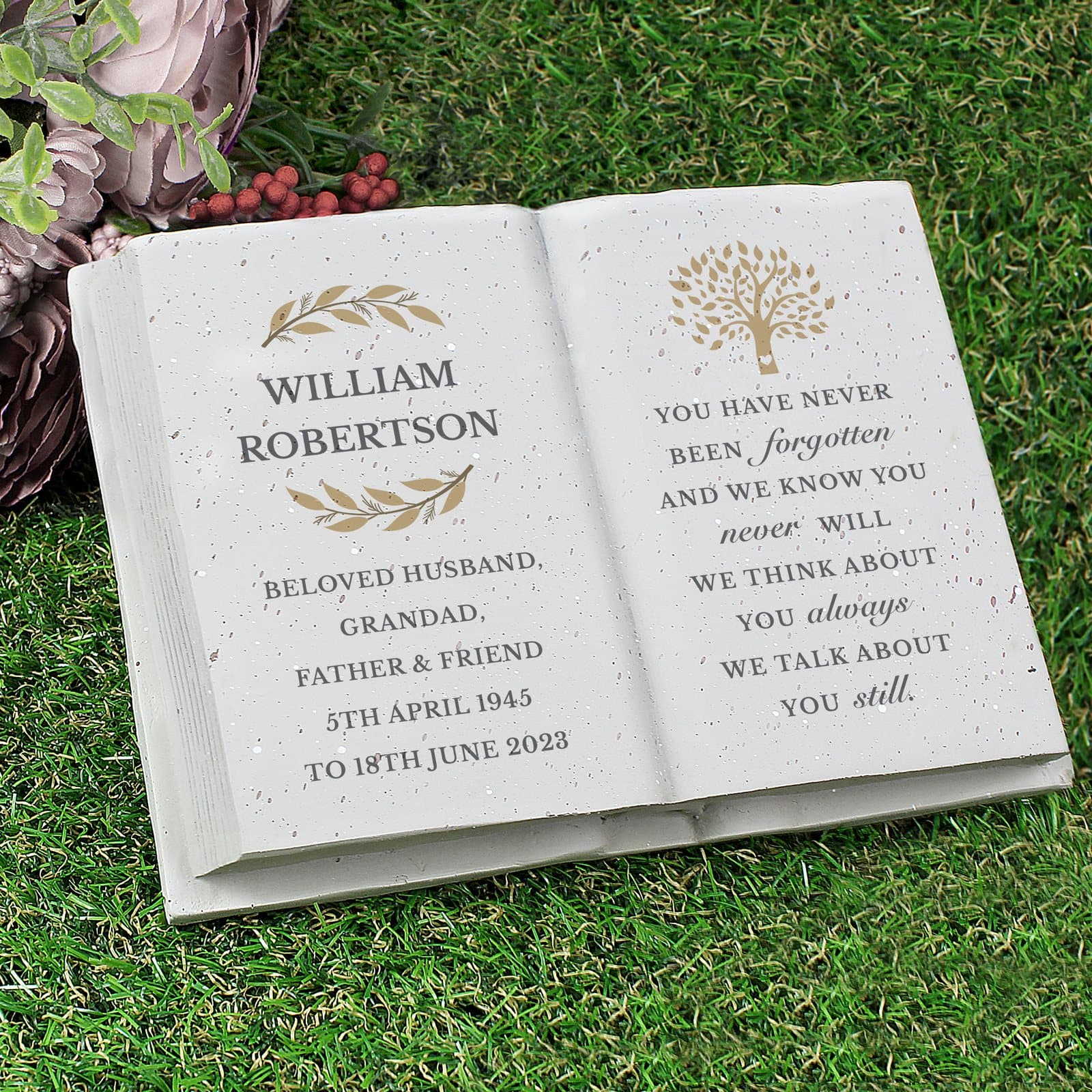 Resin book ornament with a verse and personalised memorial text