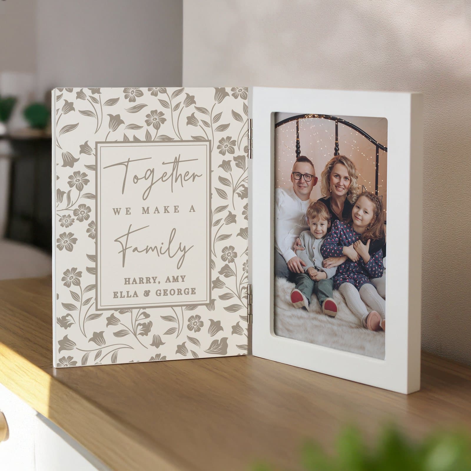 Wooden hinged 6x4 photo frame with Together we make a Family and a personalised message