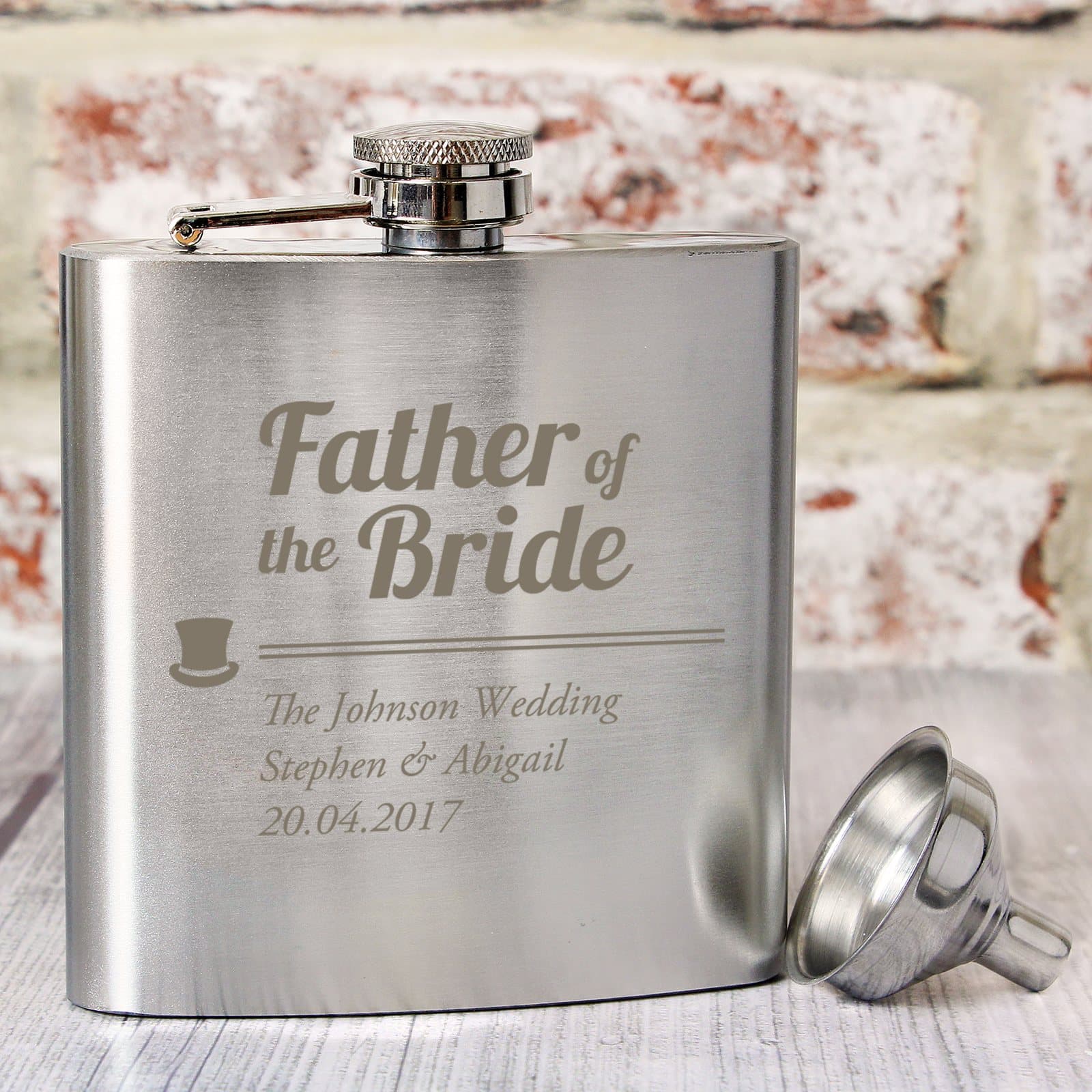 Stainless steel Father of the Bride hip flask with a personalised message