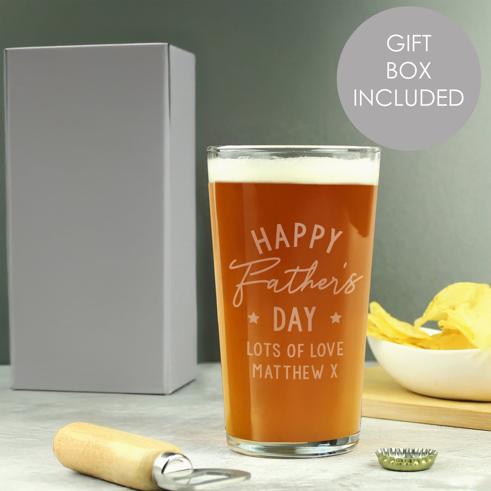 Personalised Father's Day pint glass with Happy Father's Day and a message