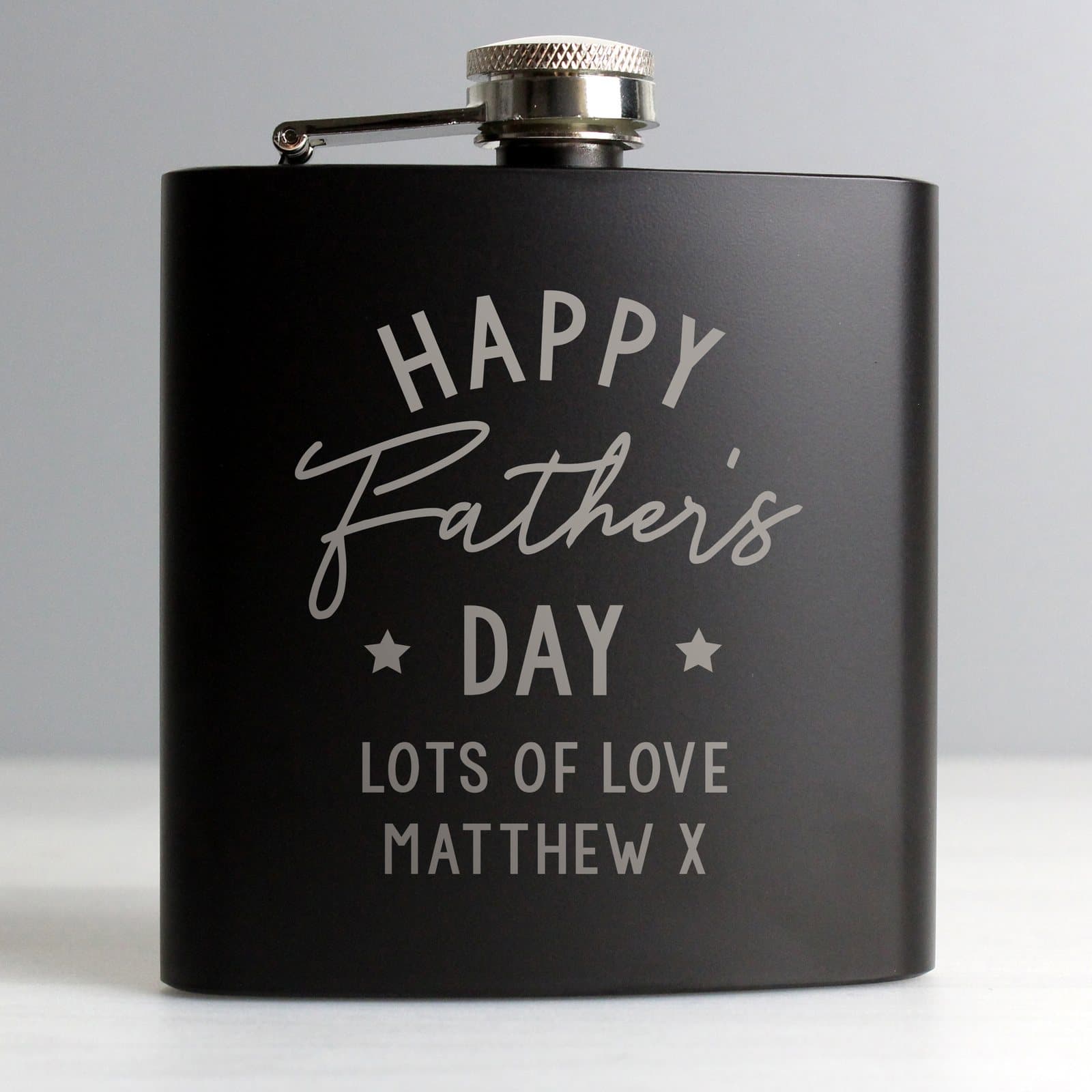 Black stainless steel hip flask personalised for Father's Day