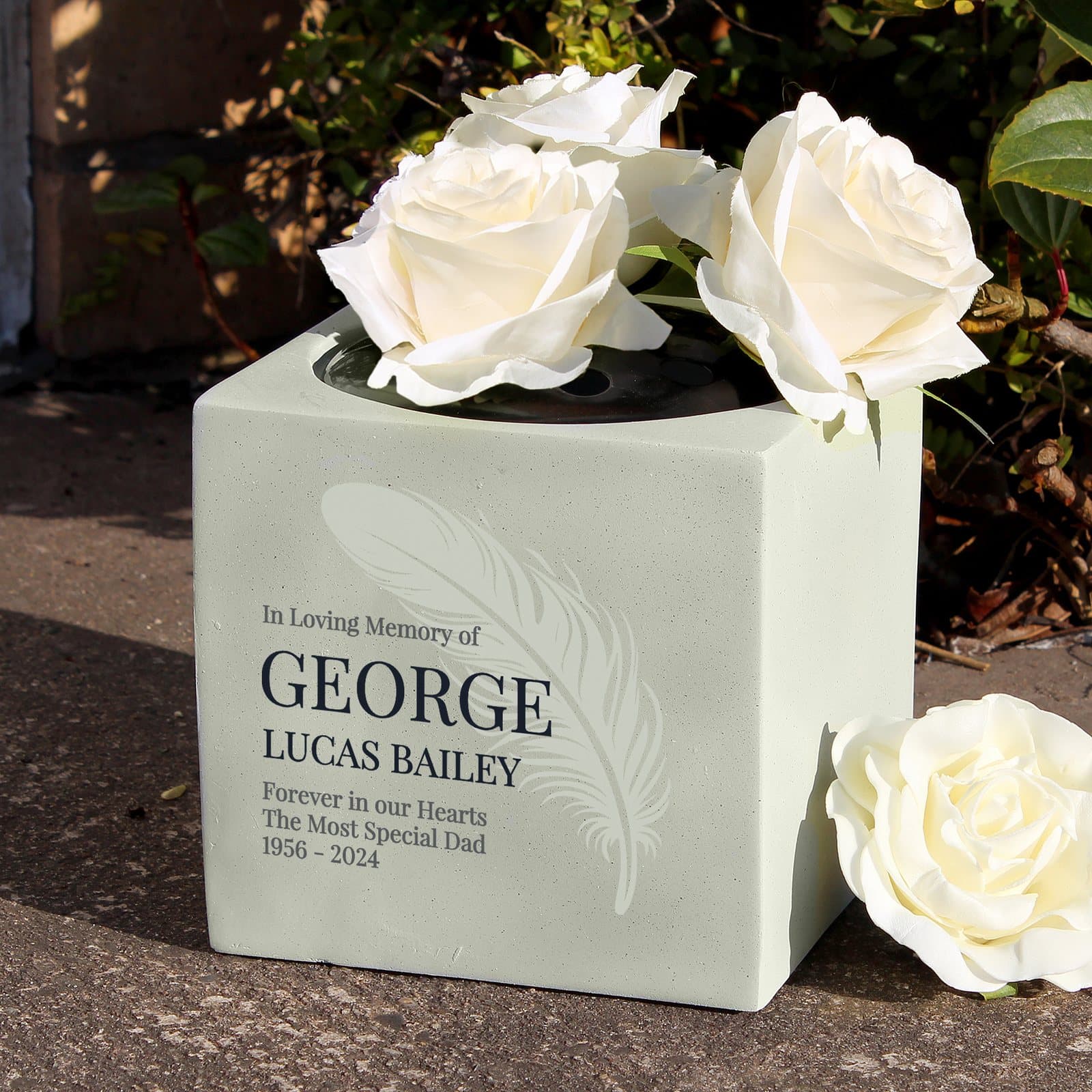 Resin feather memorial vase with six lines of personalised text