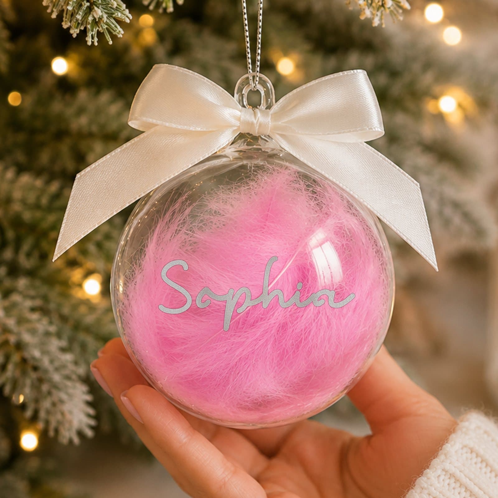 Glass bauble filled with a pink or blue feather with a ribbon