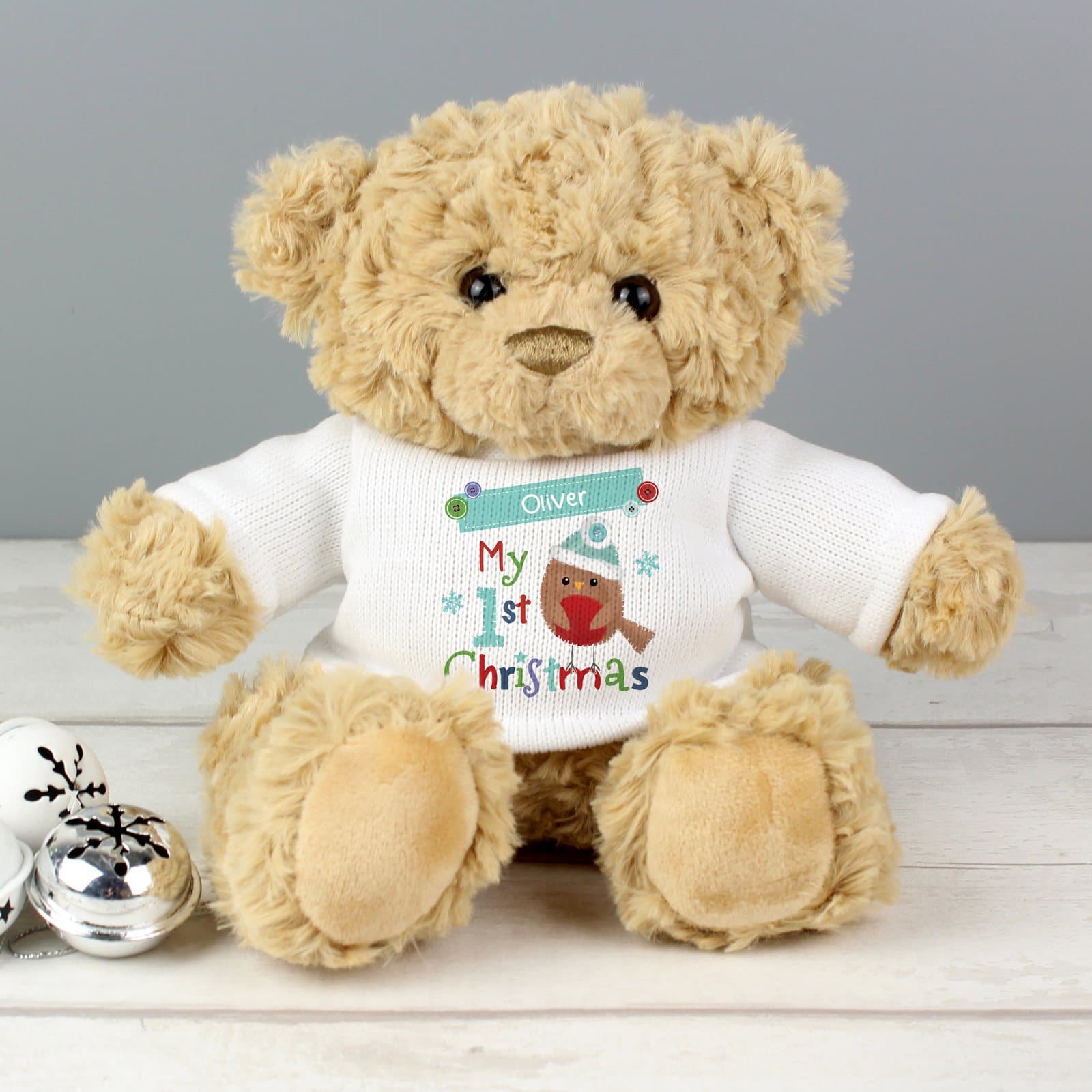 Felt Stitch Robin teddy bear with a green banner for a personalised 1st Christmas