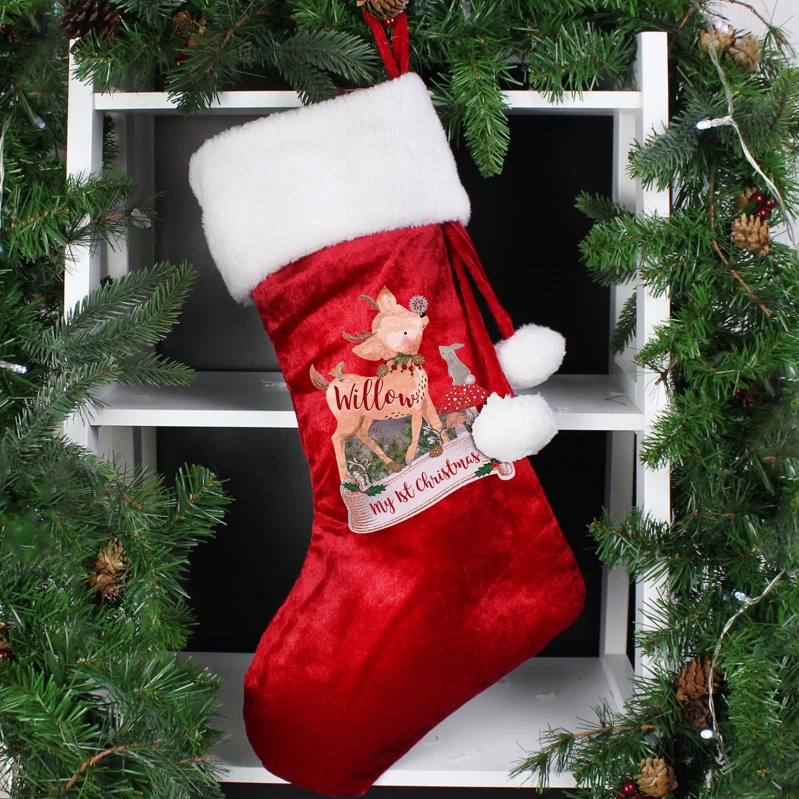 Red Christmas stocking with a Festive Fawn design