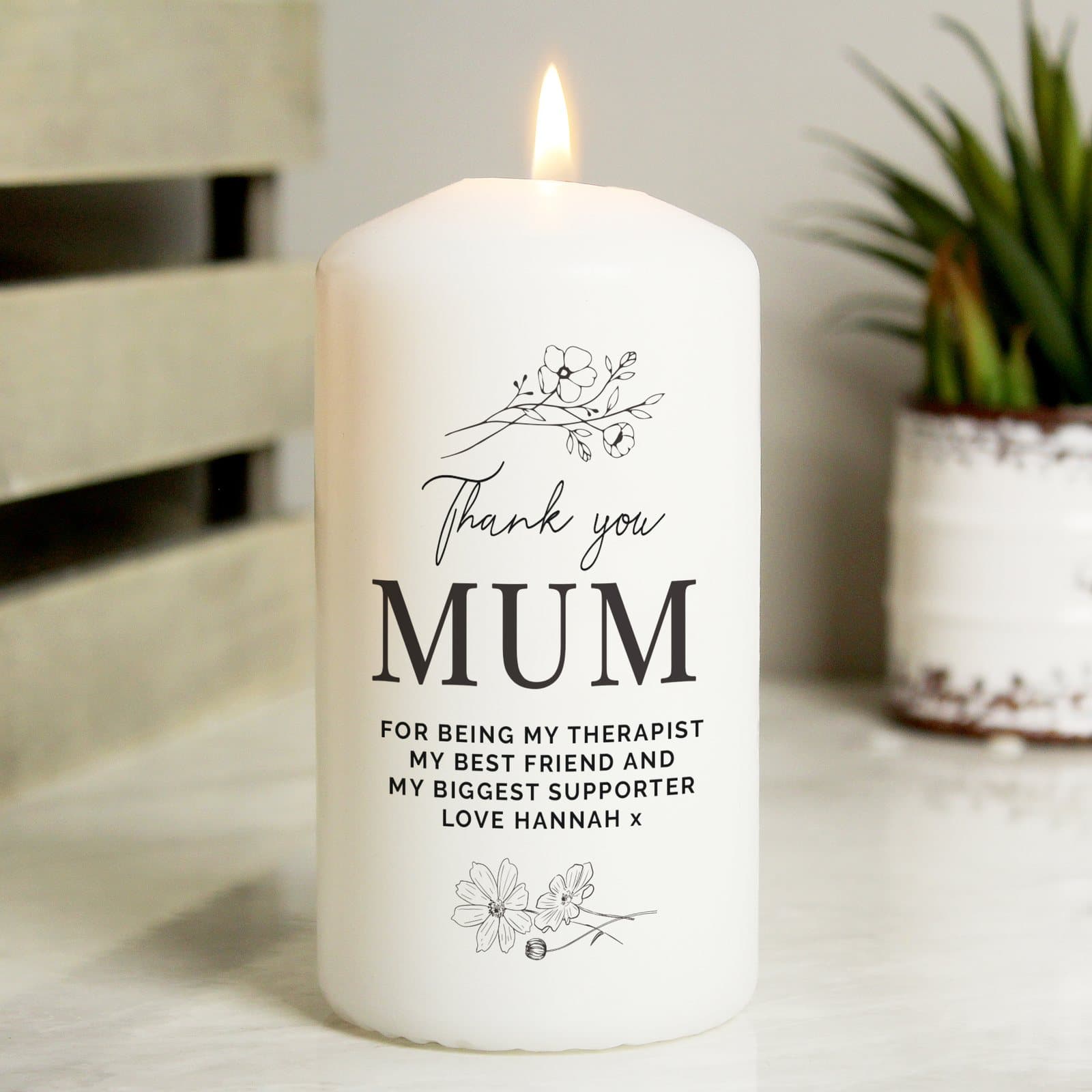 Fineline floral pillar candle personalised with a scripted first line and message