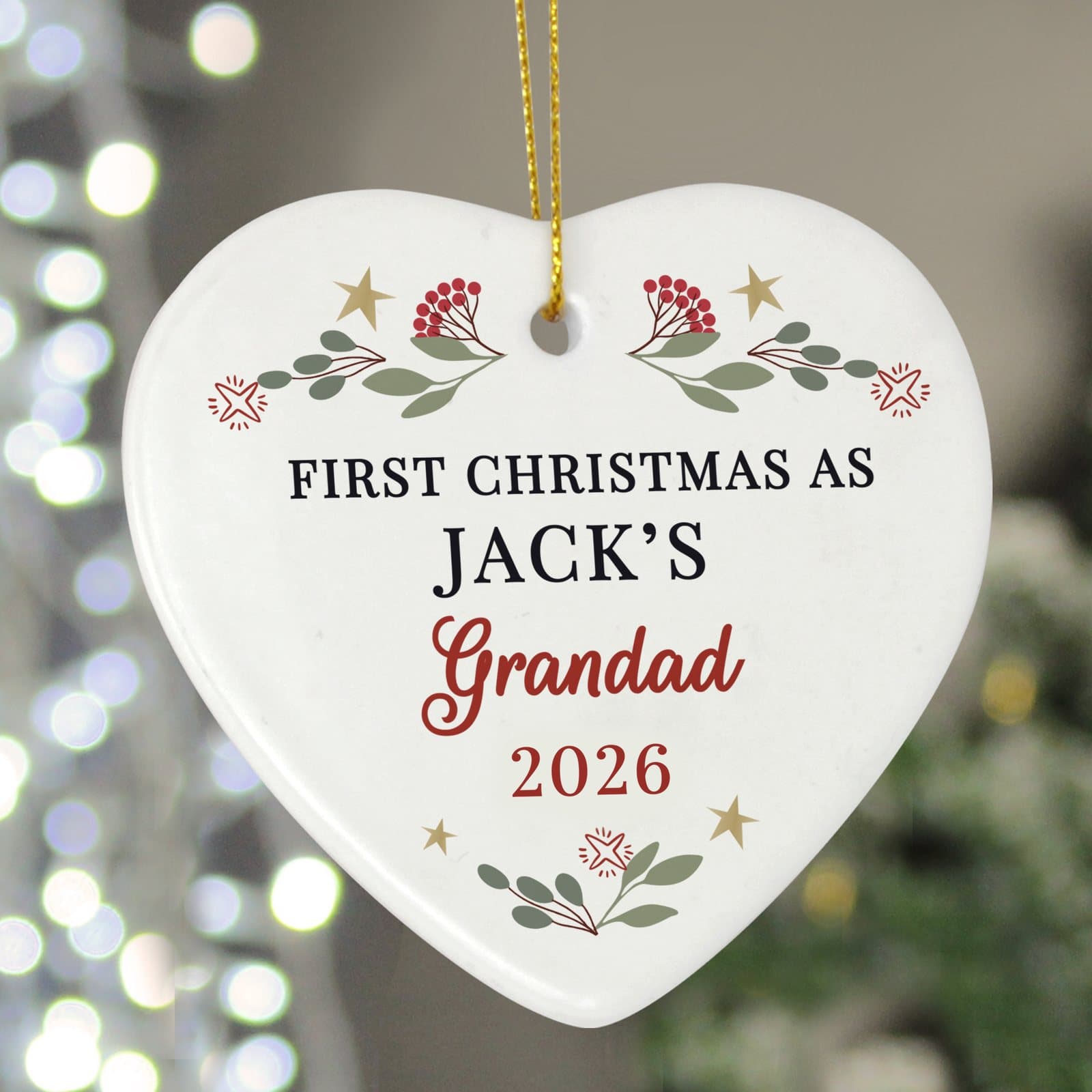 Heart-shaped first Christmas as grandparents tree decoration with personalised text