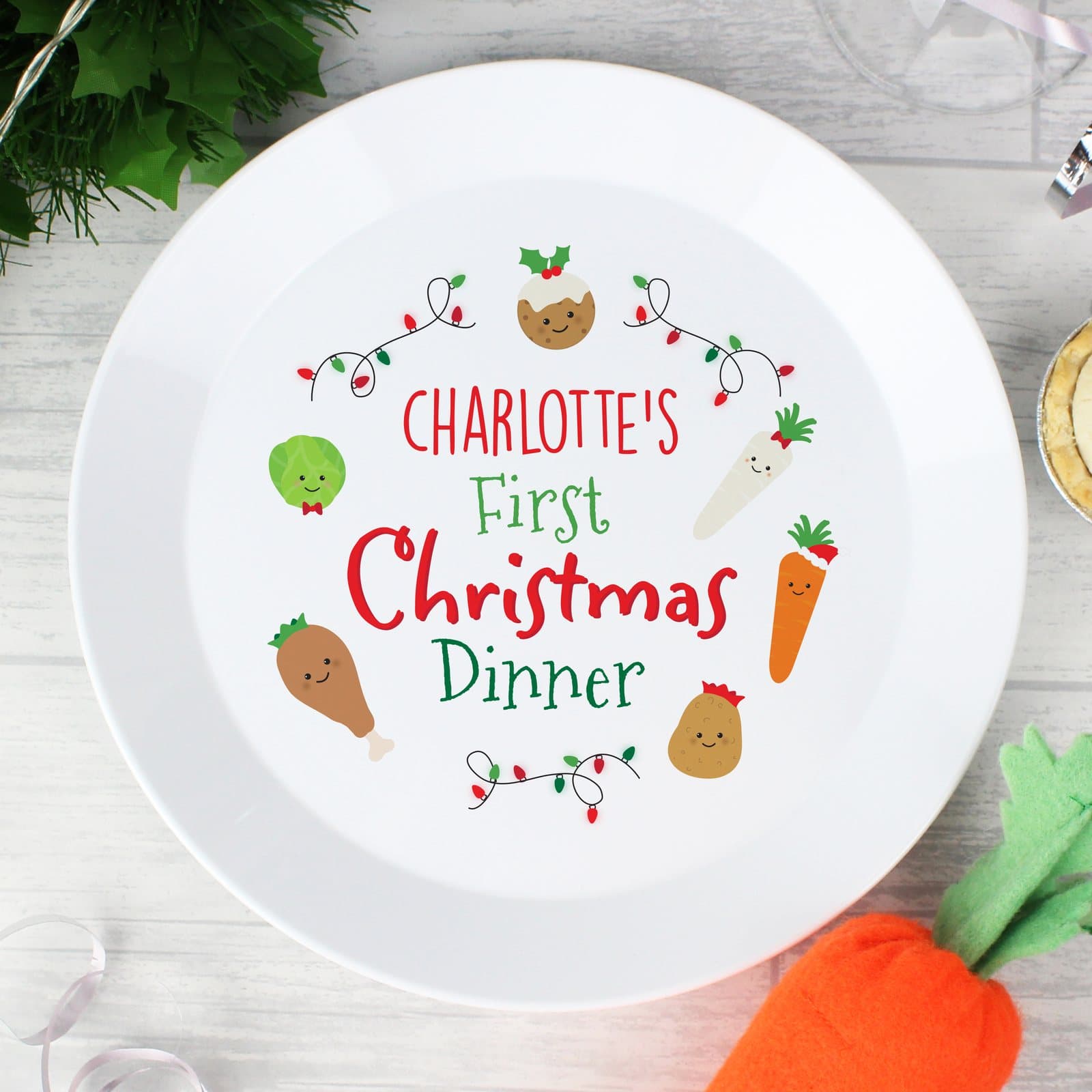 Plastic First Christmas Dinner plate personalised with a name