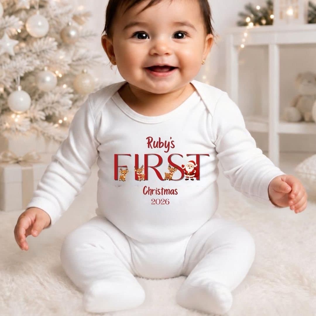 Santa and reindeers design on a baby grow, vest or bib for first Christmas