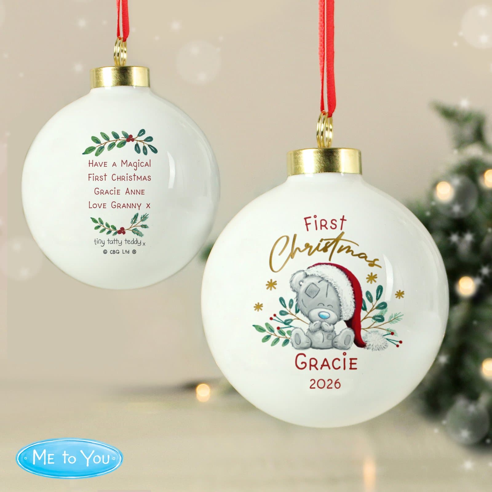 Personalised Tiny Tatty Teddy first Christmas bauble with ribbon