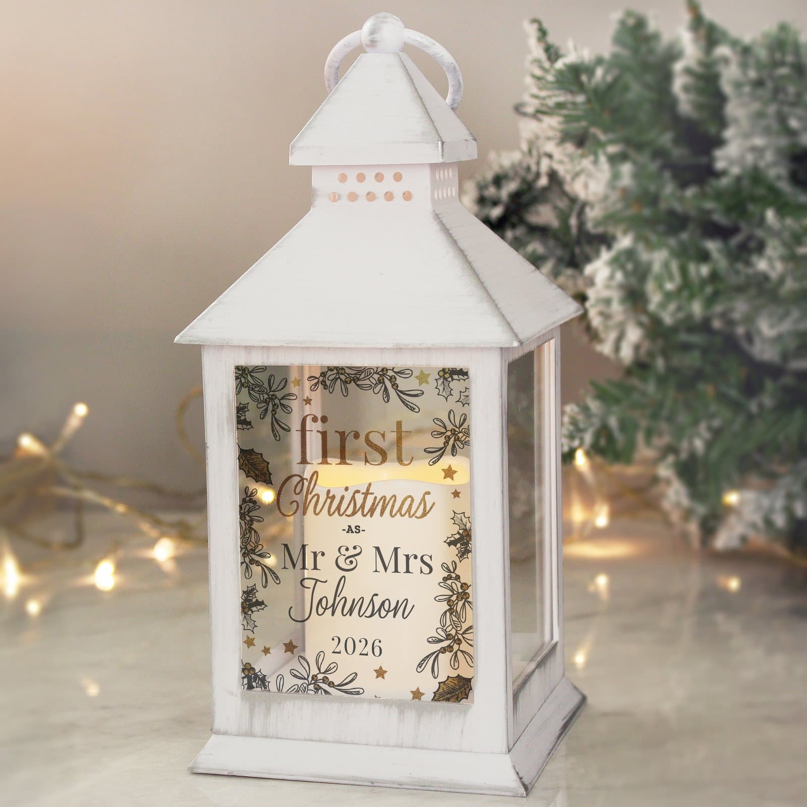 White LED lantern personalised for a couple's first Christmas