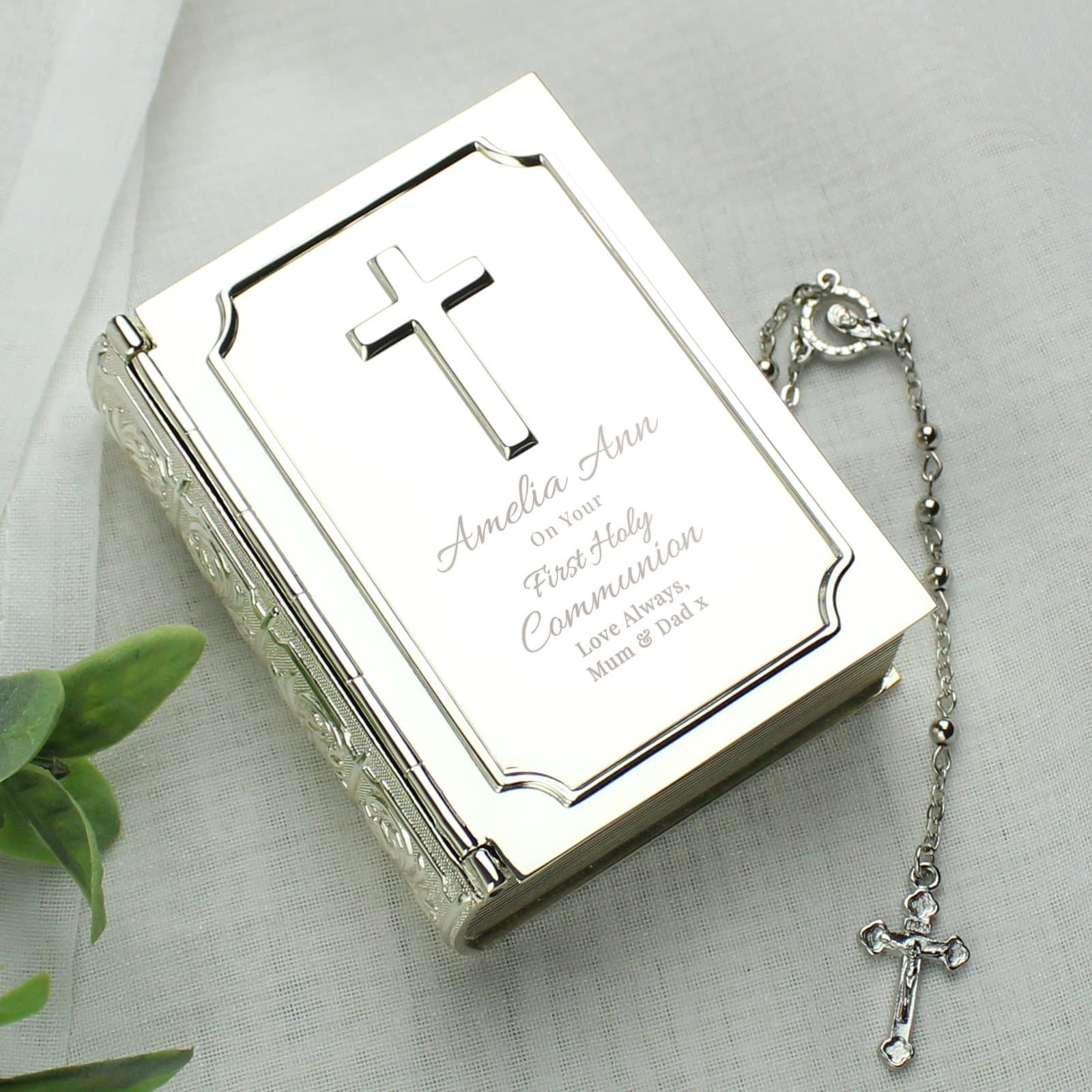 Silver finish bible shaped trinket box with rosary beads and personalised text